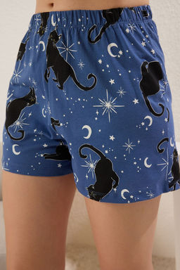 Trendyolmilla Lacivert %100 Pamuklu Kedi ve Galaksi Desenli Sortlu Orme Pijama Tak?m? THMSS25PT00370  фото 4