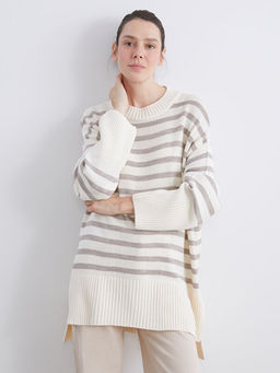 Bisiklet Yaka ?izgili Oversize Kad?n Triko Kazak