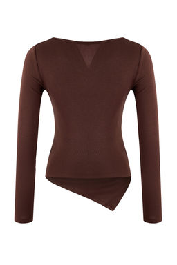 Kahverengi Fitted/Vucuda Oturan V Yaka Uzun Kollu Esnek Orme Bluz TWOSS26BZ00244