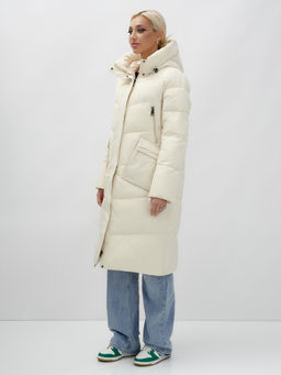 Пальто утепленное стеганное зимнее с капюшоном женское бежевого цвета 9639B - Mtforce фото 10
