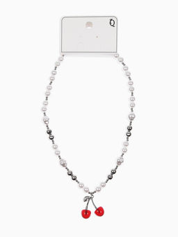 Кулон на жемчужных бусах "Вишня", цвет белый в серебре