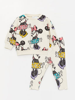 Bisiklet Yaka Uzun Kollu Minnie Mouse Bask?l? K?z Bebek Sweatshirt ve Pantolon 2li Tak?m