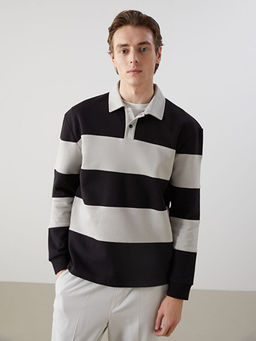 Polo Yaka Uzun Kollu ?izgili Erkek Sweatshirt