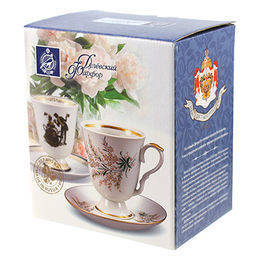 Чашка чайная фарфоровая Синий цветок 450мл, д10,5см, h9см, форма Ностальгия, с блюдцем, с золотом, подарочная упаковка (Россия) - Домашняя мода фото 3