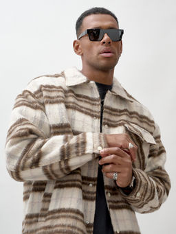 Куртка рубашка шерстяная в клетку мужская демисезонная коричневого цвета 58565K