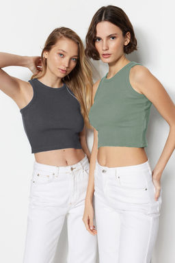 Antrasit-Mint 2li Paket Vucuda Oturan Crop Halter Yaka Fitilli Esnek Orme Atlet TWOSS21AL0058