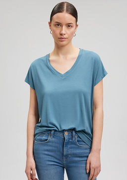 V Yaka Mavi Basic Viskoz Tisort