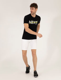 Siyah Slim Fit Bask_l_ Bisiklet Yaka Ti__rt