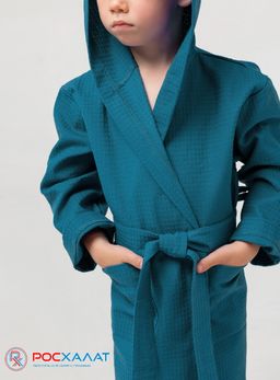 Детский вафельный халат с капюшоном темно-бирюзовый В-07 (23)