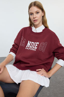 Bordo Slogan Bask?l? Oversize/Genis Kal?p Etek Ucu Detayl? Orme Sweatshirt TWOAW25SW00100