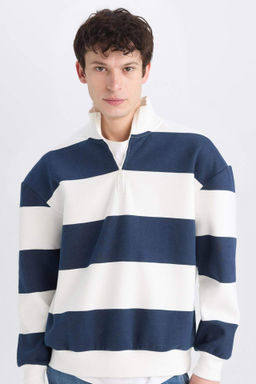 Boxy Fit Fermuarl? Dik Yaka Cizgili Sweatshirt - Defacto фото 2