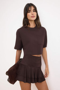 Kahverengi Boxy Dusuk Kol K?sa Kollu %100 Pamuk Orme T-Shirt TWOSS26TS00185