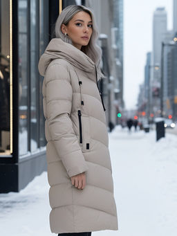 Пальто зимнее утепленное с капюшоном женское бежевого цвета 1318B