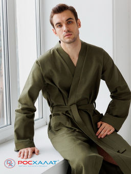 Мужской вафельный халат с планкой хаки В-03 (26)