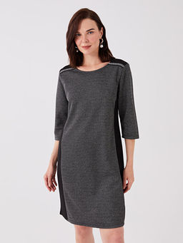 Bisiklet Yaka Kendinden Desenli Elbise