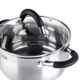 Кастрюля из нержавеющей стали Шелборн 2,2л, д18см, h9см, s0,6мм, дно s2,8мм, стеклянная жаропрочная крышка, стальной обод, пароотвод, силиконовые вставки черного цвета, капсулированное дно, полировка внешняя - матовая, внутренняя - зеркальная, мерн - Домашняя мода фото 3