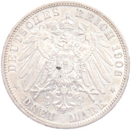 Монета 3 марки 1908 года G Германия (Баден)