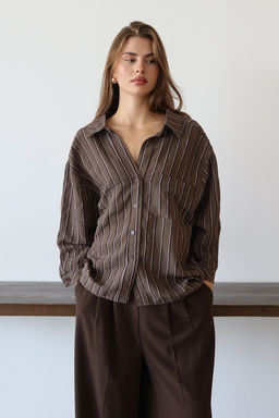 Kahverengi Cizgili Oversize/Genis Kal?p Dokulu Gomlek TWOAW26GO00083