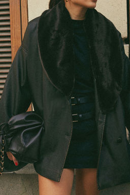 Koyu Kahverengi Oversize Yakas? Kurk Detayl? Suni Deri Mont TWOAW25MO00145 - Trendyolmilla фото 3