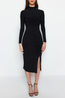 TRENDYOLMILLA Antrasit Duz Drape Detayl? Y?rtmacl? Dik Yaka Fitted/Vucuda Oturan Esnek Orme Elbise TWOAW24EL00134  фото 4