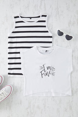 Siyah-Beyaz 2li K?z Cocuk %100 Pamuk OVersize/Genis Kal?p K?sa Kol Orme T-Shirt TKDSS25TS00015 - Trendyolmilla фото 6