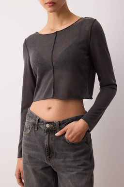 Antrasit Transaparan Nervurlu Regular/Normal Kal?p Crop Orme Bluz TWOAW26BZ00123