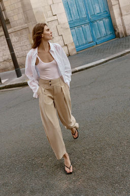 PANTAL?N ANCHO BAJO AJUSTABLE / Camel claro