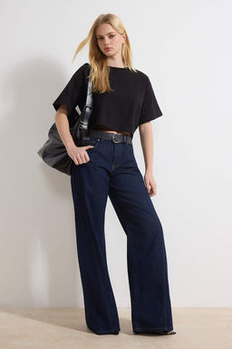 Koyu Mavi DOKUMLU Kemerli %100 Pamuk Yuksek Bel Wide Leg Jeans TWOSS26JE00076 - Trendyolmilla фото 3
