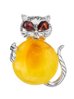 Необычная брошь из серебра и натурального янтаря Котик