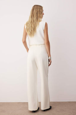 Ekru Yuksek Bel Wide Leg/Genis Paca Pilili Dokuma Kumas Pantolon TWOAW21PL0076
