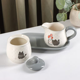 Набор сервировочный Доляна Уютные коты, 2 предмета: молочник 270 мл, сахарница 310 мл, белый, серый