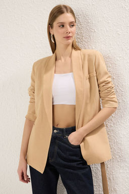 TRENDYOLMILLA Bej Keten Gorunumlu Ceket Yaka Belden Kusakl? Blazer Ceket TWOSS25BC00037  фото 6