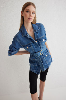 Mavi Kemerli Cep Detayl? Denim Ceket TWOSS25CE00004