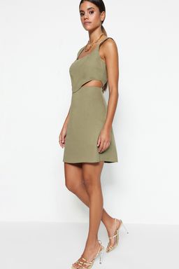 Haki A-Kesim Mini Pamuklu Bel Dekolteli Kare Yaka Astarl? Dokuma Elbise TWOSS23EL00596