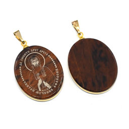 Кулон из обсидиана овал с окантовкой " Св. Афанасий " 20*30мм.