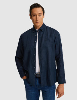 Lacivert Regular Fit Yakas_ D__meli Saf Keten G_mlek