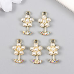 Цена за 5 шт. Декор для творчества металл, стразы Цветочек жемчужный с листиками, золото, 1.1?2 см