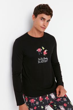 TRENDYOL MAN Siyah %100 Pamuk Bask?l? Regular Fit Orme Pijama Tak?m? TMNAW23PT00025 - Trendyolmilla фото 3