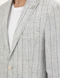 Gri Slim Fit %100 Keten _izgili Ceket