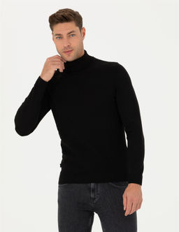 Siyah Slim Fit Bal_k__ Yaka Triko Kazak