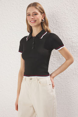Siyah*001-Kahverengi Basic Polo Yaka Ikili Paket Triko Ince Bluz TWOSS25BZ00503