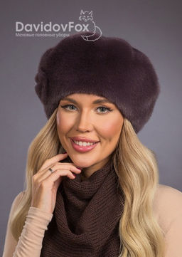 Шапка Берет экомех с украшением браун