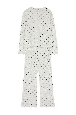 Beyaz %100 Pamuklu Puantiye ve Kalpli Orme Pijama Tak?m? THMAW25PT00039