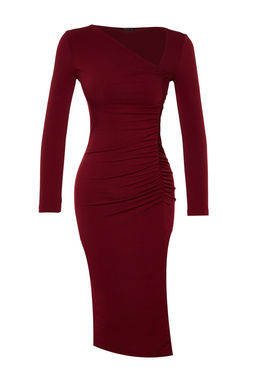 TRENDYOLMILLA Bordo Y?rtmacl? Vucuda Oturan Asimetrik Yaka Uzun Kollu Midi Orme Kalem Elbise TWOAW24EL00118  фото 6