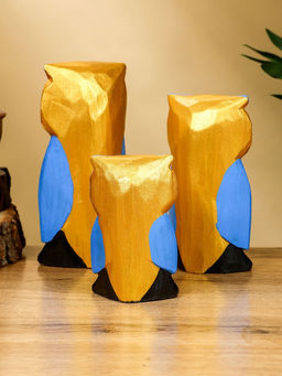 Набор сувенирный Совята с сердечком, h=15 см, h=13 см, h=11 см, дерево, голубой с золотом