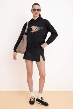 Siyah Kal?n Ici Polarl? Slogan Standart Kal?p Kapusonlu Orme Sweatshirt TWOSS26SW00008