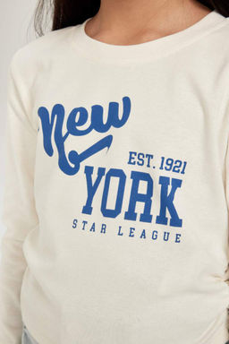 Укороченная футболка с длинными рукавами в рубчик с принтом и круглым вырезом для девочек - Defacto фото 5