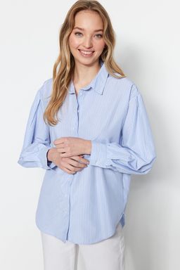 Mavi Cizgili Oversize/Genis Kal?p Dokuma Gomlek TWOSS23GO00144