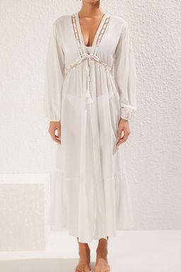 Ekru Maxi Dokuma Serit Aksesuarl? Baglama Detayl? Plaj Kimono&Kaftan TBESS25KM00011 - Trendyolmilla фото 4