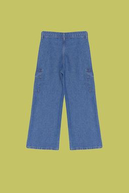 Koyu Mavi K?z Cocuk Wide Leg Kargo Cepli Pamuklu Lastikli Denim Pantolon Jean TKDSS24PL00001 - Trendyolmilla фото 4